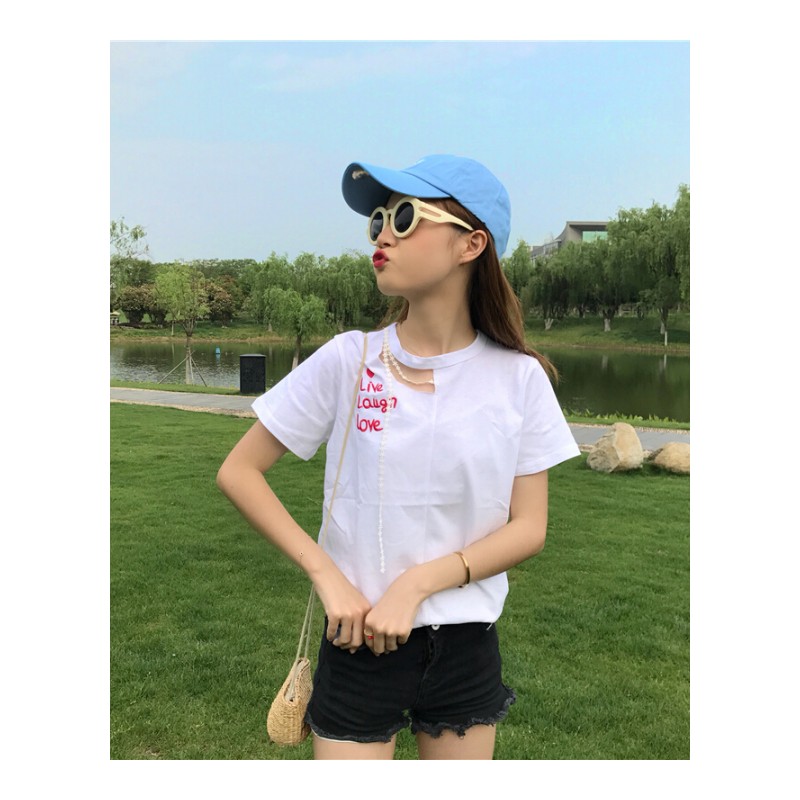 夏装女装韩版小清新学生刺绣字母镂空短袖T恤修身显瘦体恤上衣潮白色均码