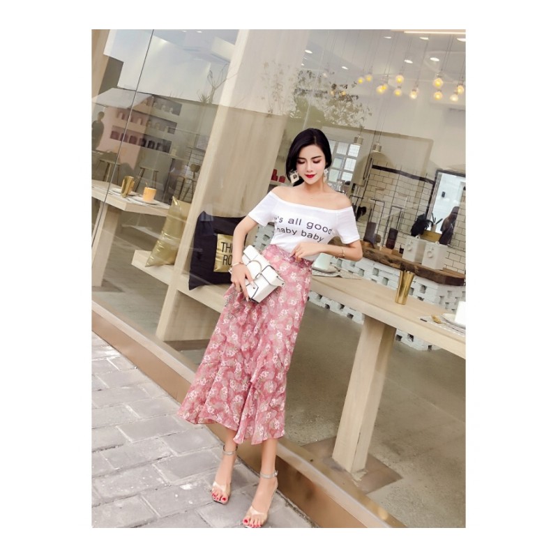 2018春夏季新款时尚韩版百搭字母印花T恤休闲鱼尾半身裙两件套装白衣均码