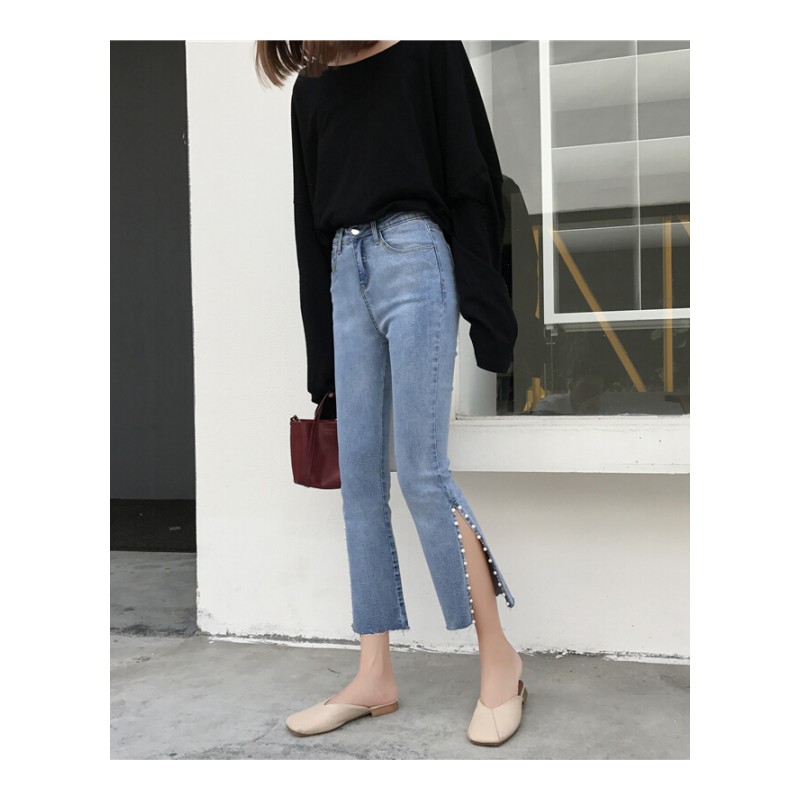 春装女装韩版高腰显瘦九分裤微喇裤开叉钉珠直筒裤牛仔裤学生长裤蓝色
