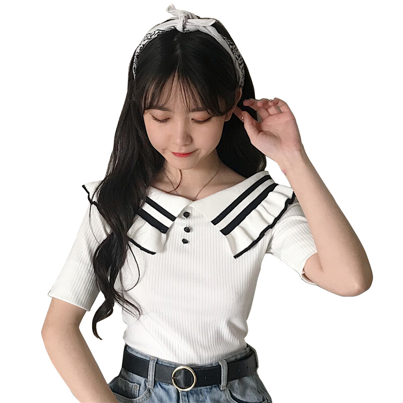 春夏女装韩版气质小清新荷叶边一字领修身短袖针织T恤打底衫上衣 图片色 均码