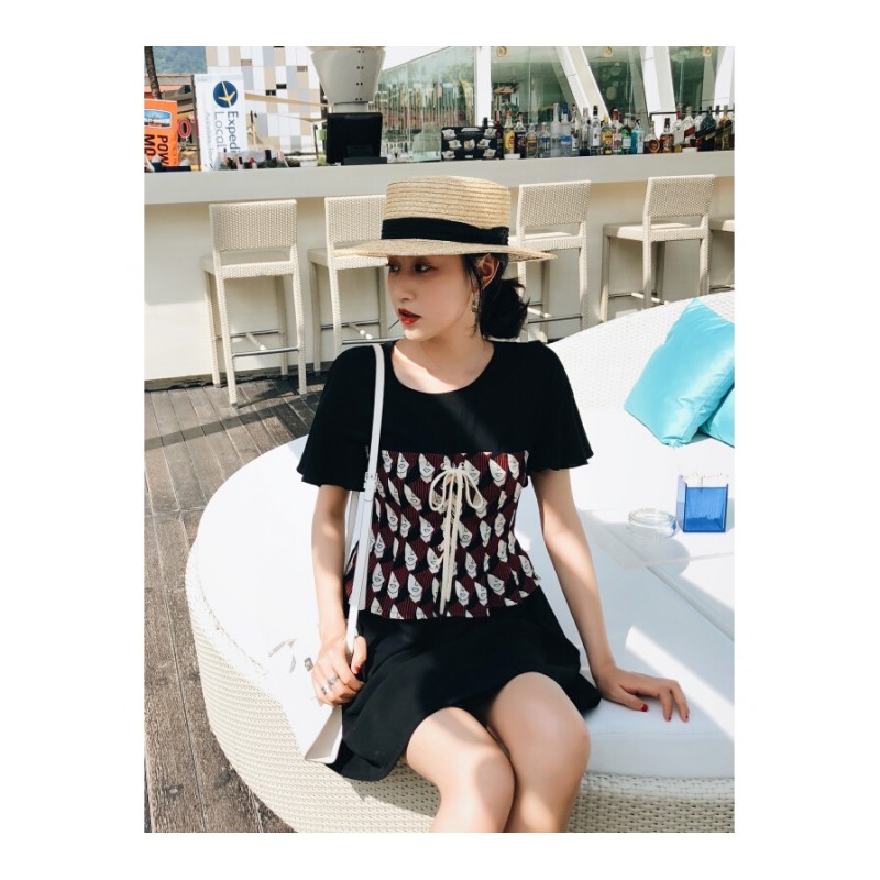 裙子夏女2018新款韩版复古假两件拼接系带短袖连衣裙短裙小黑裙黑色