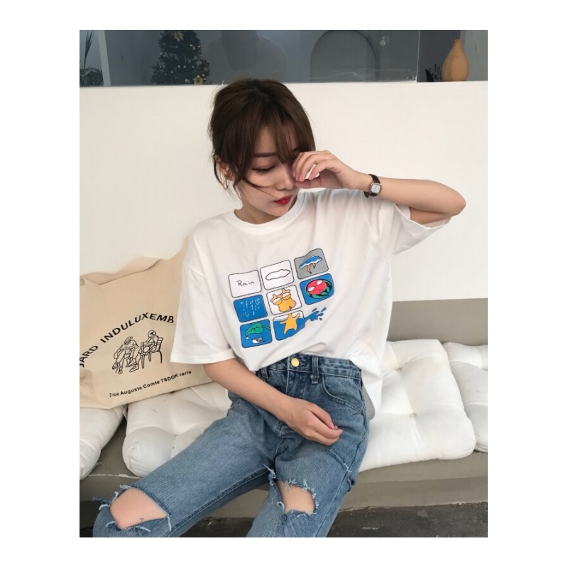 夏季女装韩版宽松百搭个性洋气卡通印花短袖T恤休闲打底衫上衣潮紫色均码