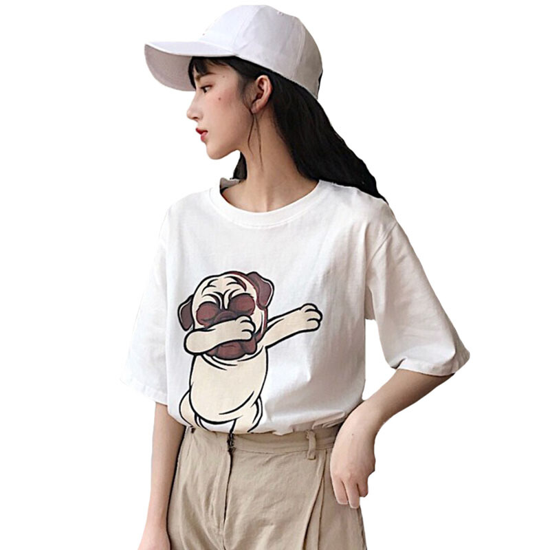 夏装女装韩版可爱卡通印花宽松短袖T恤学生半袖休闲上衣打底衫潮白色均码