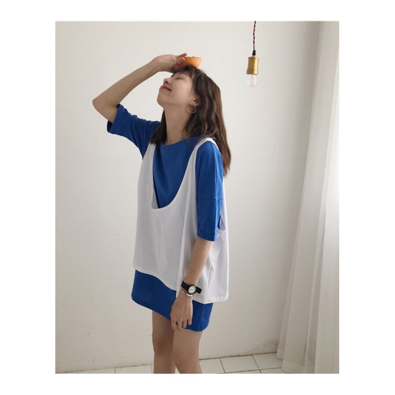 韩版时尚休闲套装夏装女装宽松中长款短袖T恤上衣+针织背心两件套紫色+白色背心均码