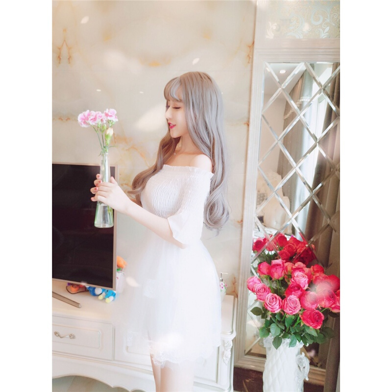 新款时尚甜美气质一字领露肩短袖拼接网纱2018夏装蓬蓬公主连衣裙白色均码