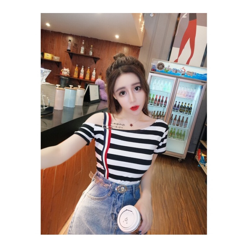 2018夏季新款时尚休闲露肩条纹上衣+修身显瘦百搭洗水牛仔裙女潮图片色