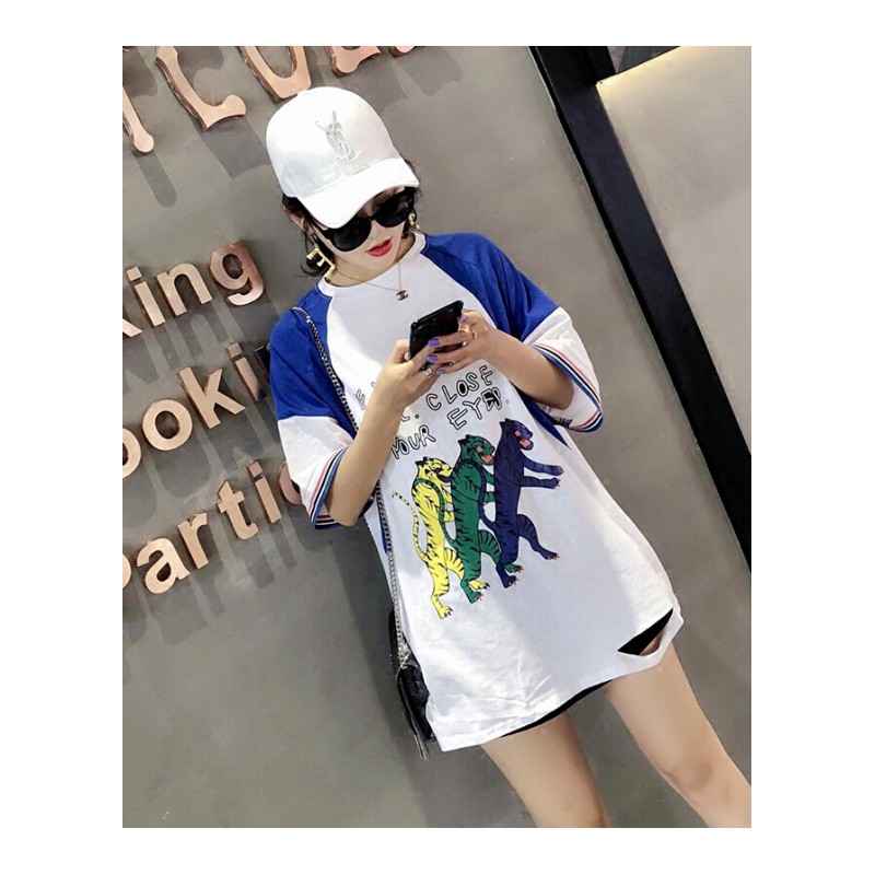 春夏新款T恤女韩版宽松圆领五分袖卡通图案印花T恤中长款短袖上衣粉色均码
