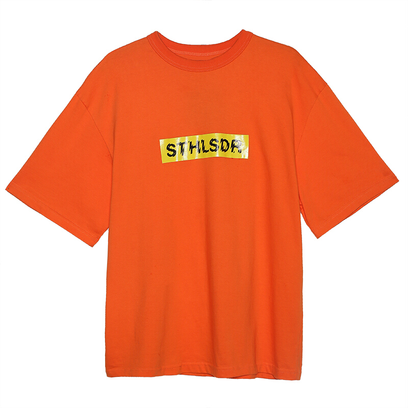 简约字母印花圆领短袖T恤女春装韩版亮橙色中长款宽松学生上衣潮 亮橙色 均码