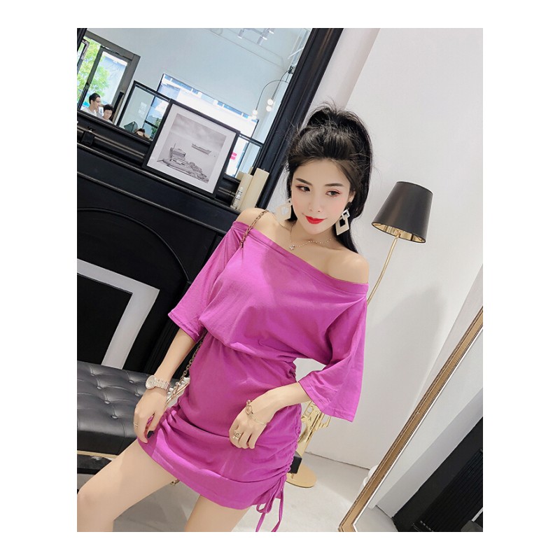 连衣裙女夏韩版小清新俏皮一字领露肩露背收腰显瘦修身抽绳包臀裙白色均码