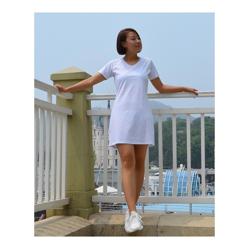 本我物语2018春装新款丝光棉中长款T恤女短袖白色宽松打底裙纯棉
