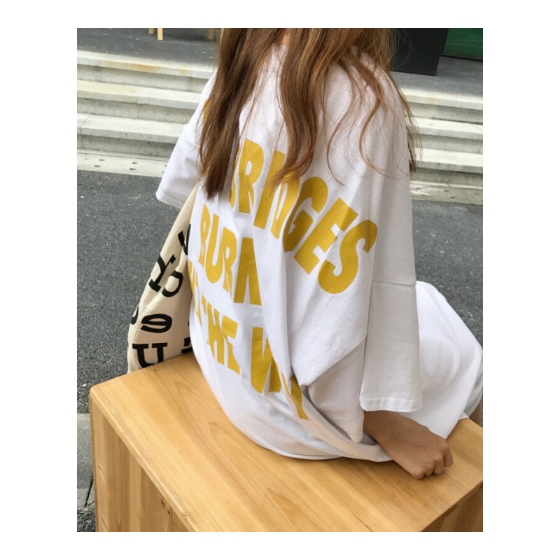 春夏女装韩版宽松字母印花中长款短袖T恤裙学生打底衫体恤上衣潮浅蓝色均码
