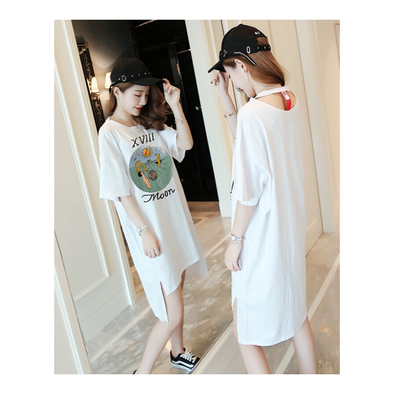 中长款T恤女宽松短袖字母印花大码韩版2018新款春夏装打底衫上衣