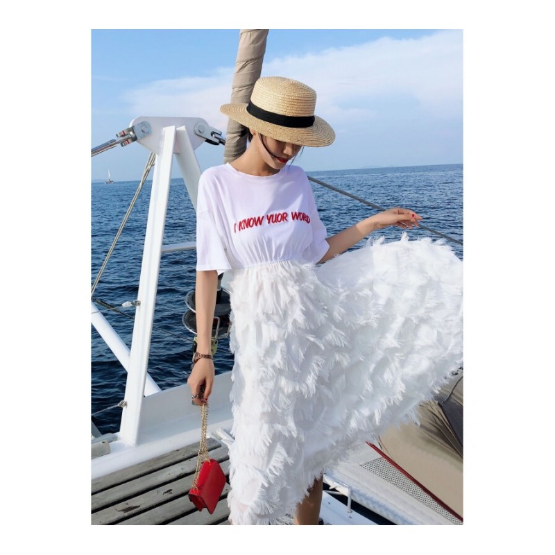 2018夏装新款女装白色裙子韩版时尚高腰拼接流苏假两件T恤连衣裙白色