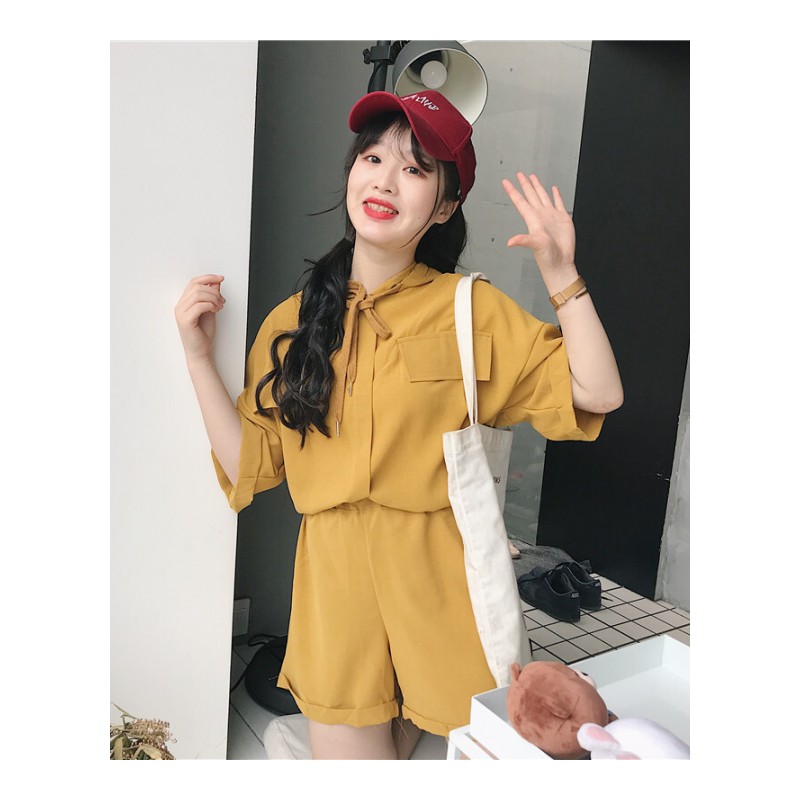 韩版时尚休闲套装夏装女装宽松连帽纯色短袖T恤上衣+短裤两件套潮黄色均码