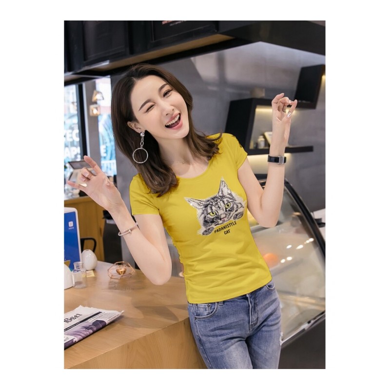 2018夏季新款猫头图案短袖T恤女白色紧身上衣韩版修身半袖