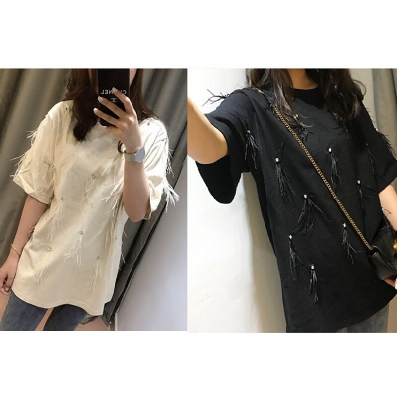 2018春季新款韩版女宽松纯色珍珠羽毛装饰圆领套头中长款T恤上衣 白色 均码