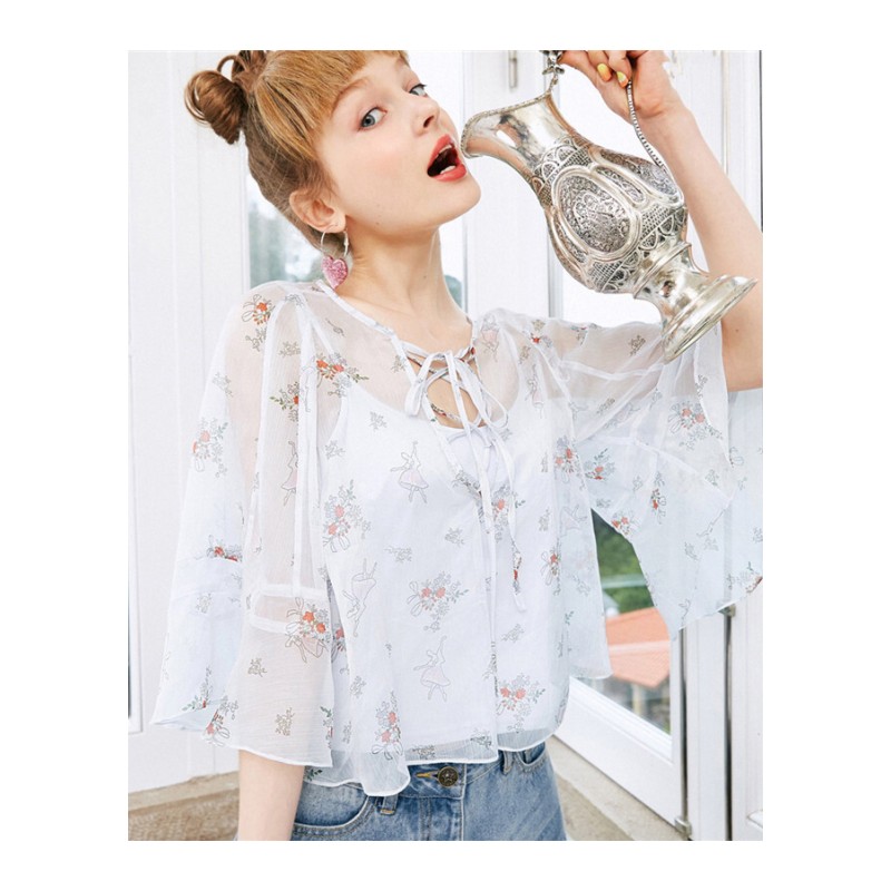 2018夏季新款女装碎花雪纺衫宽松显瘦短袖带两件套上衣短款女夏白色