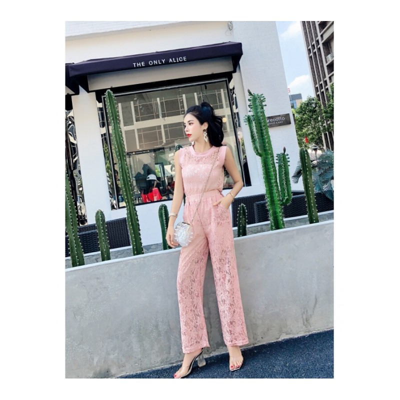 2018夏季时尚新款钩花镂空蕾丝上衣+阔腿裤九分裤两件套女装套装粉色均码