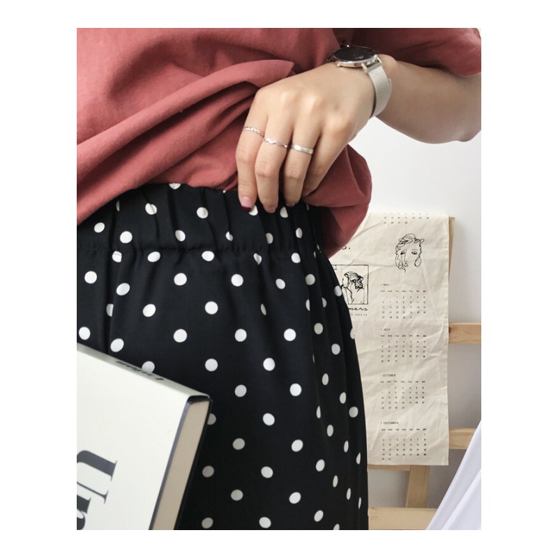 夏装女装2018新款韩版时尚高腰阔腿裤波点休闲裤显瘦九分裤直筒裤 黑色 均码