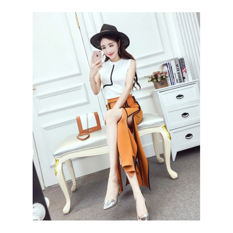 2018夏季新款韩版圆领无袖上衣+高腰显瘦拼色开叉阔腿裤套装潮女