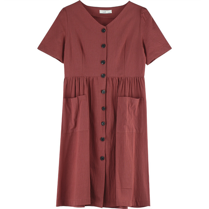 付臭美2018夏装新款韩版v领纯色单排扣短袖连衣裙女中长款a字裙子 红色 均码