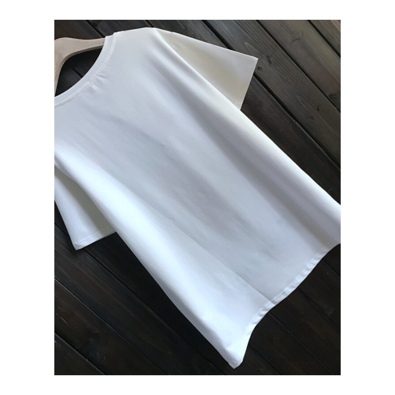 夏装2018中长款简约纯棉下摆刺绣字母T恤胖MM显瘦百搭短袖打底衫黑色均码