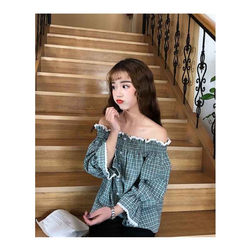 春夏女装韩版小清新甜美蕾丝边一字肩格子衬衣露肩上衣打底衫衬衫红色均码