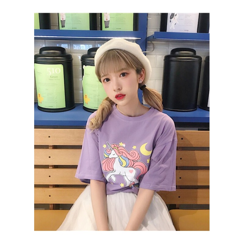 夏装女装2018新款韩版可爱卡通宽松短袖T恤上衣学生中袖百搭体恤紫罗兰均码