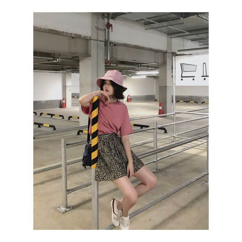 夏装女装2018新款韩版背后卡通印花宽松百搭学生圆领短袖T恤上衣 粉红色 均码