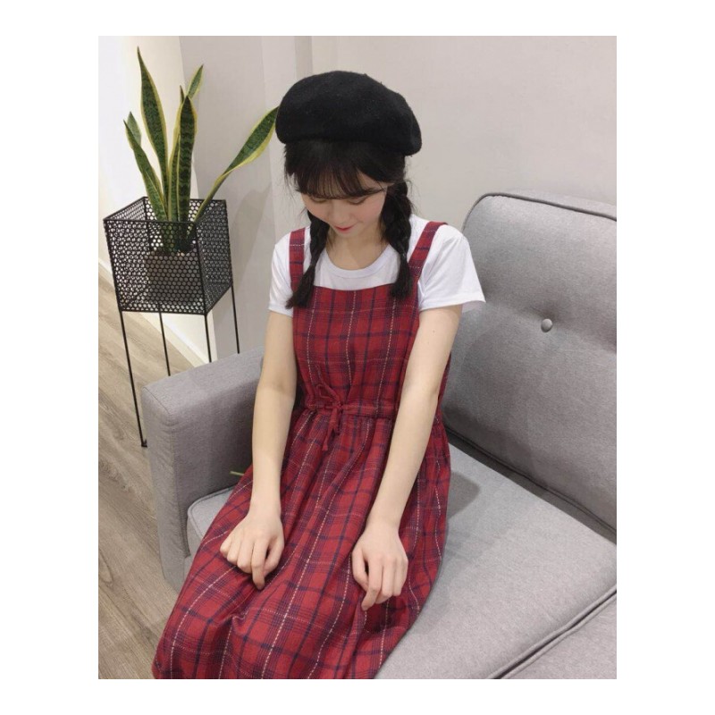 春夏女装韩版小清新中长款格子背带裙高腰显瘦无袖连衣裙长裙+T恤红格两件套均码