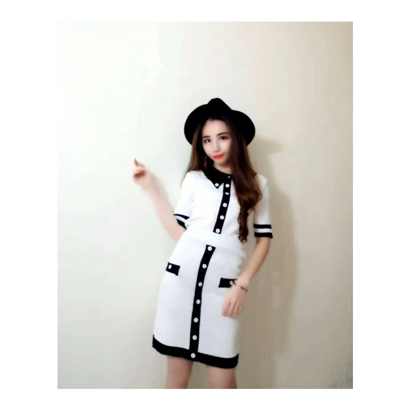 时尚套装女夏2018新款减龄百搭翻领撞色上衣+休闲包裙针织两件套白色均码