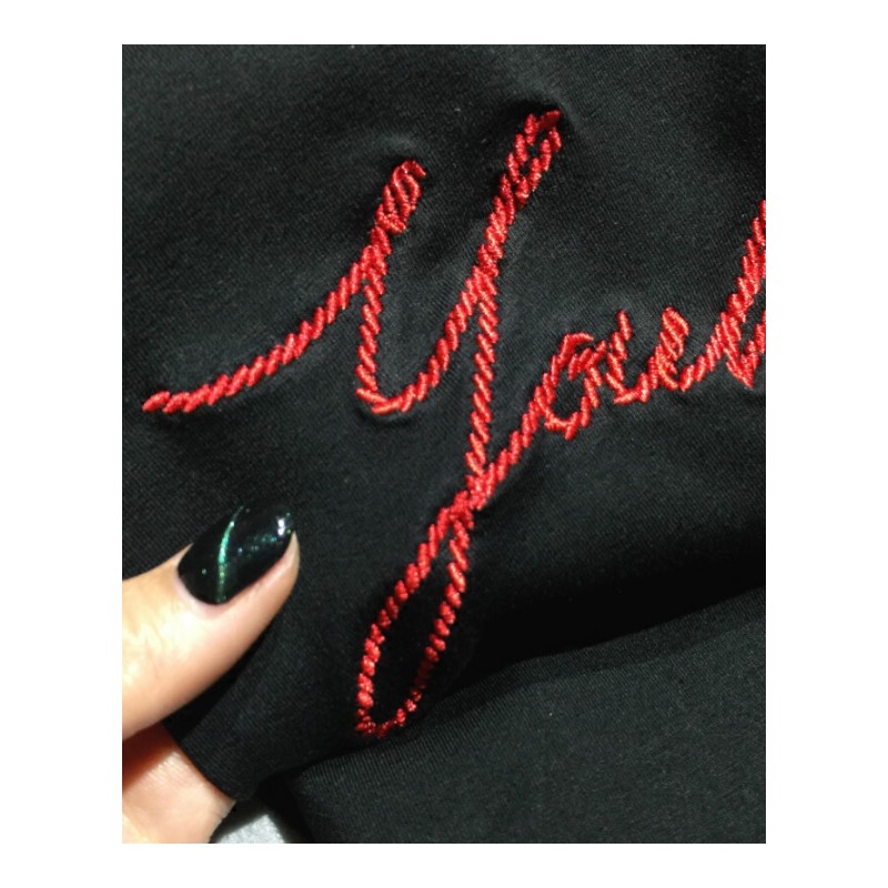 韩版新款纯棉宽松陆心媛印花刺绣贴布T恤女中长款圆领打底衫短袖黑色带纯棉高品质