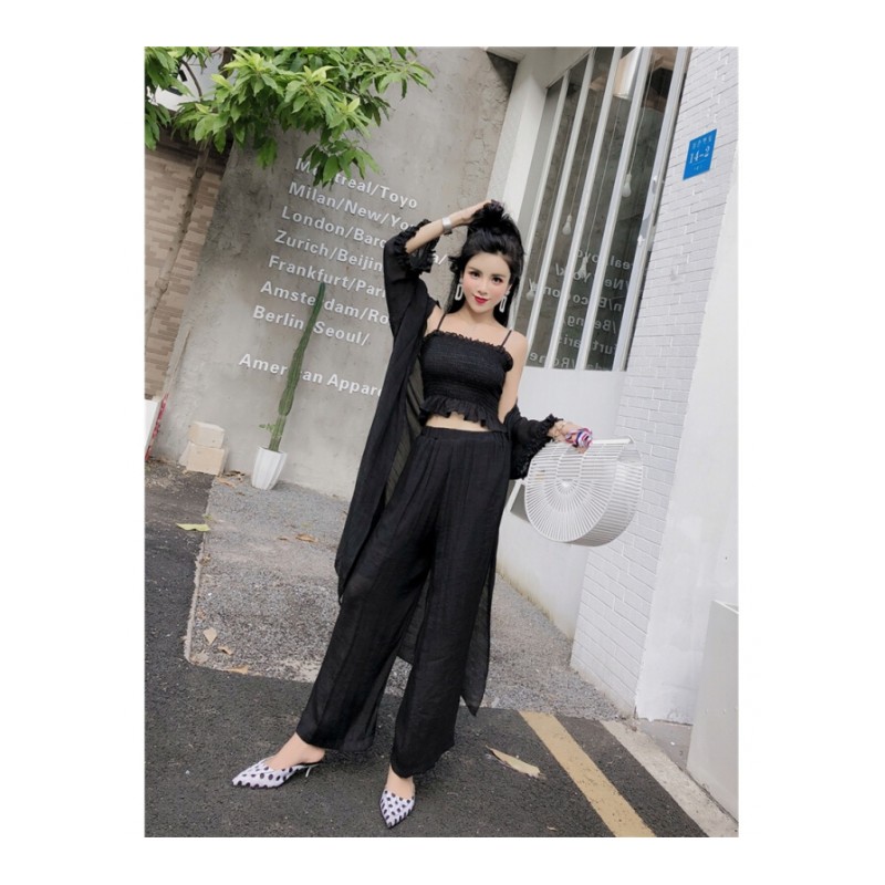 时尚套装女夏2018新款中长款防晒开衫+抹胸+松紧腰阔脚裤三件套潮杏色均码