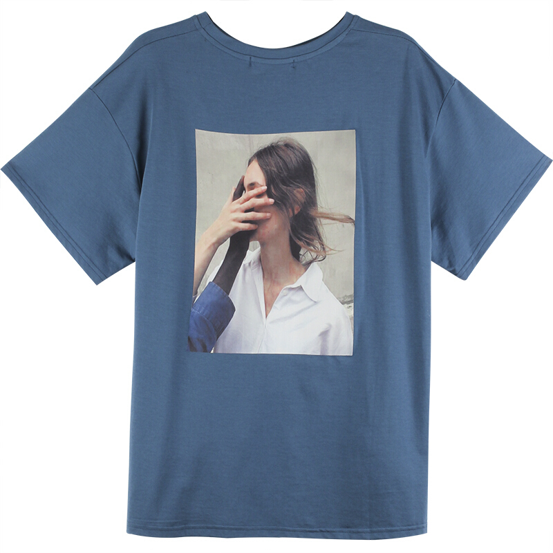 付臭美2018夏装新款韩版圆领后背印花短袖T恤女宽松宽松上衣学生 蓝色 均码