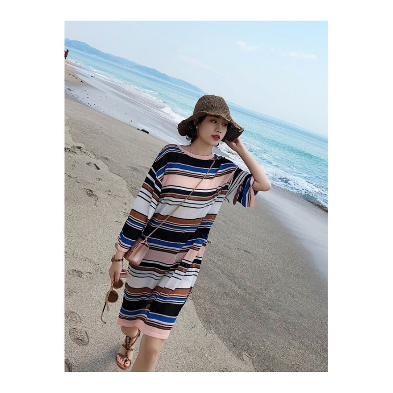 裙子夏女2018新款韩版宽松小清新条纹百搭冰丝针织连衣裙中长款粉色均码