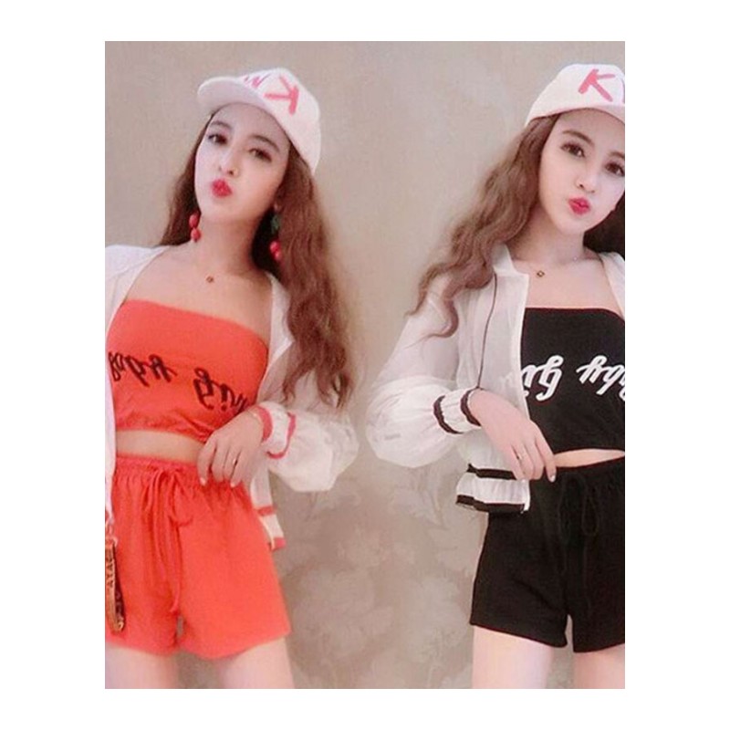 2018新款韩版时尚气质名媛个性修身甜美抹胸十裤子+潮流外套套装黑色均码