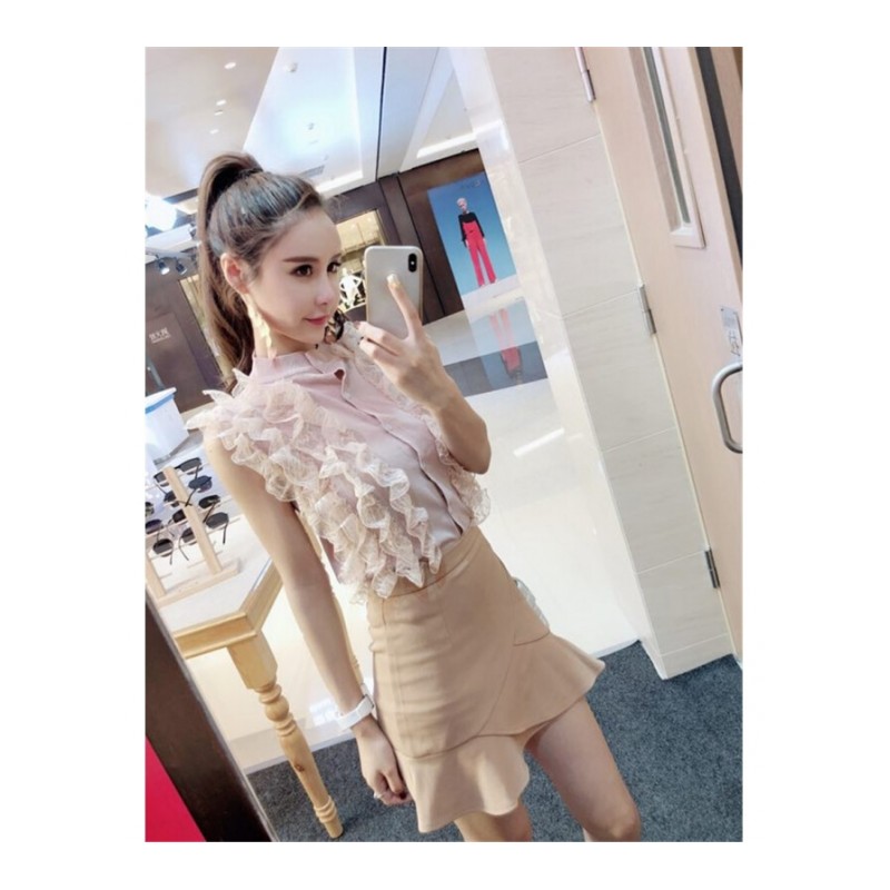 2018夏季时尚新款层层花边针织无袖开衫上衣+包臀显瘦短裙套装潮