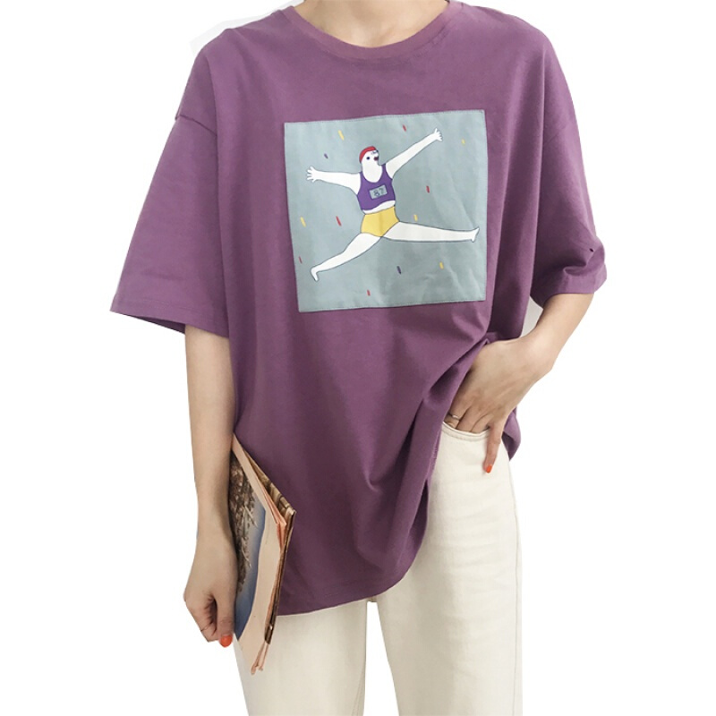 春夏女装韩版学院风可爱卡通宽松短袖T恤中袖情侣打底衫体恤上衣 紫色 均码