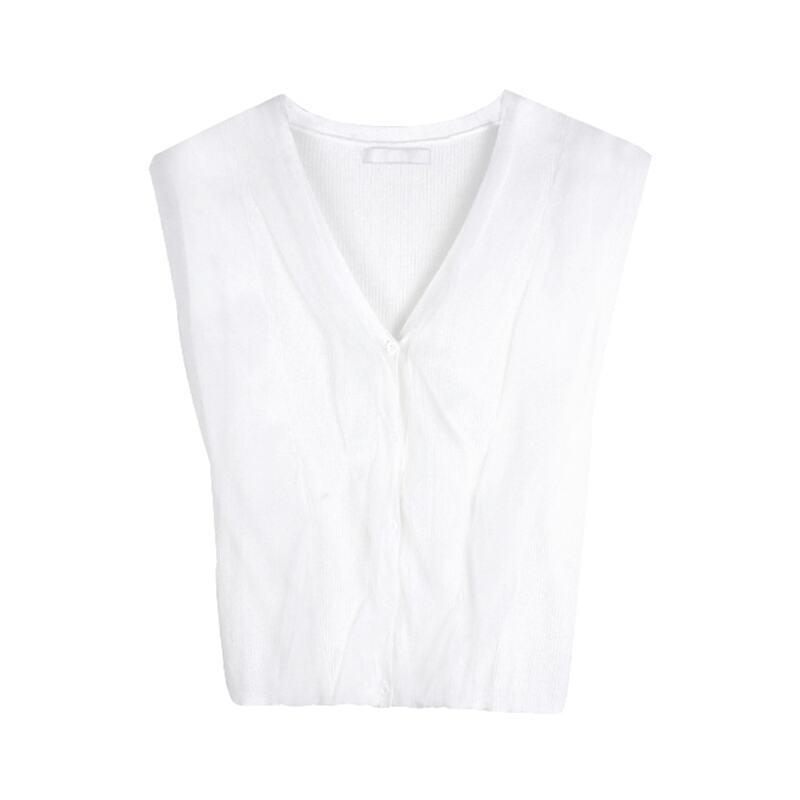 []夏季网纱拼接针织背心上衣女韩版短款无袖V领学生衬衣百搭 白色 均码