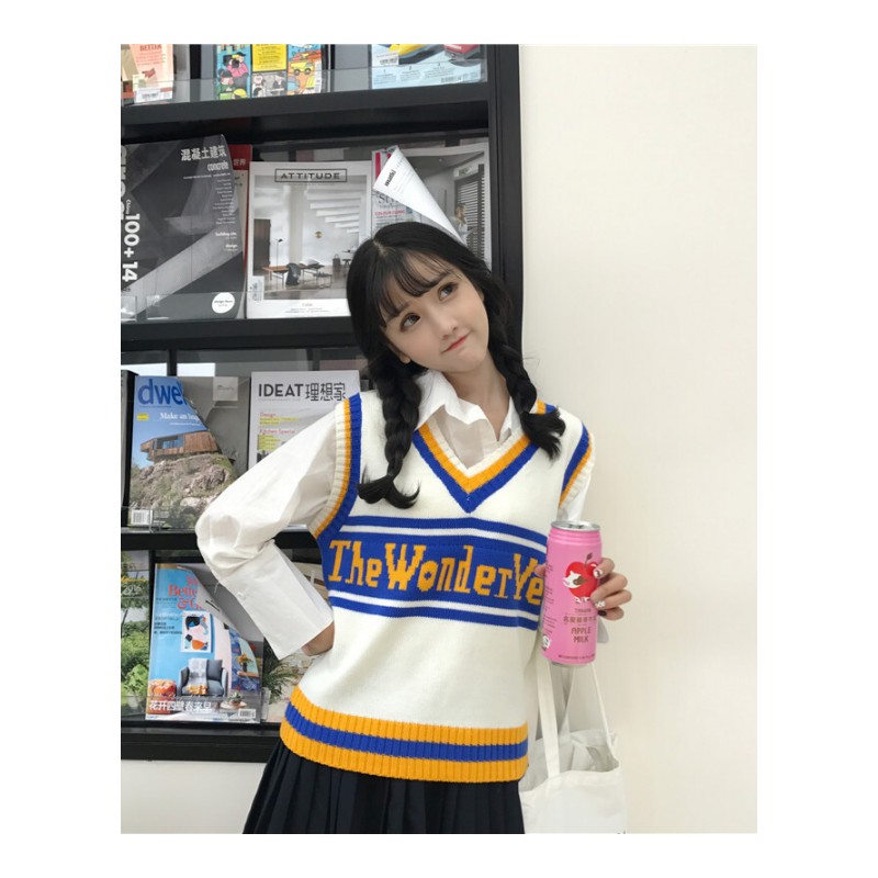 春秋女装新款韩版学院风宽松百搭字母V领套头针织衫背心马甲+衬衣丝带衬衣单件均码