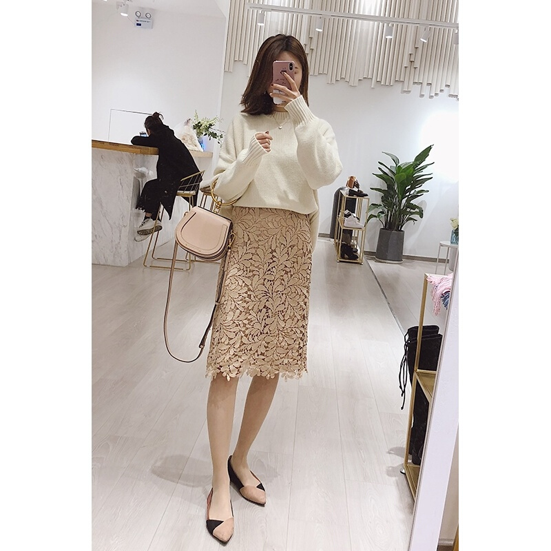 镂空半身裙春装时尚中长款裙子女2018新款百搭高腰蕾丝包臀裙潮