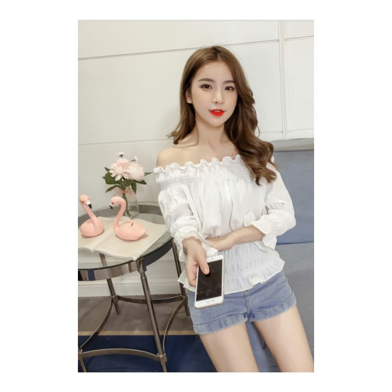 2018夏季时尚修身新款气质韩版一字领打底短上衣露肩荷叶边百搭女白色均码