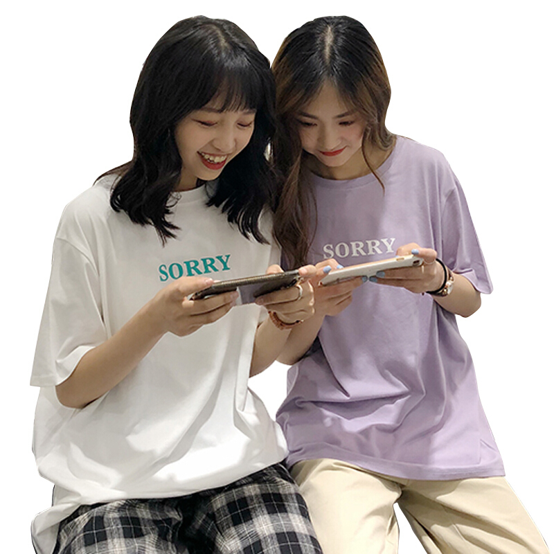 春夏女装韩版宽松字母印花短袖T恤紫色五分袖打底衫体恤上衣学生紫色均码