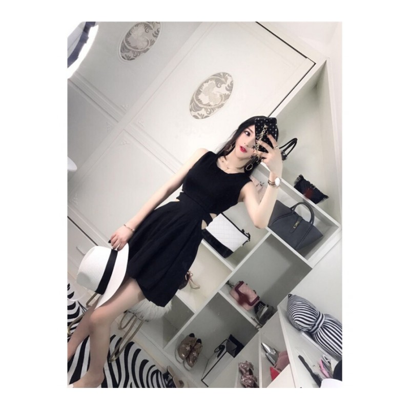 2018夏新款时尚性感夜店圆领镂空无袖露肩高腰修身显瘦短裙连衣裙 黑色 S