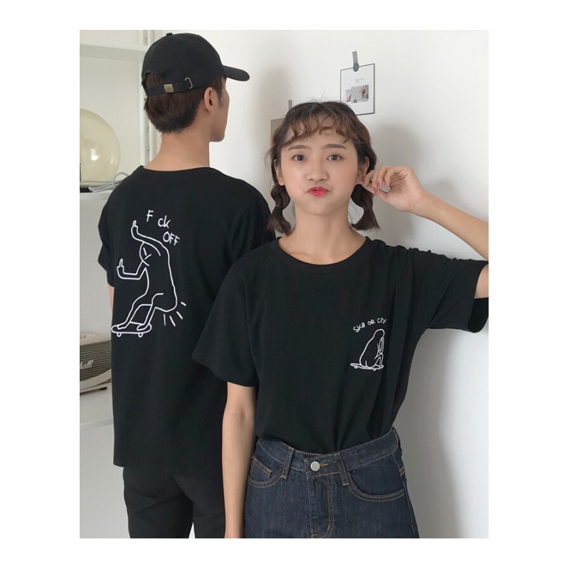 夏装女装2018新款韩版个性卡通刺绣情侣闺蜜款宽松短袖T恤上衣潮