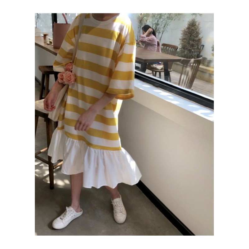 夏装女装韩版宽松条纹中长款拼接荷叶边短袖连衣裙学生显瘦长裙潮黄白条纹均码