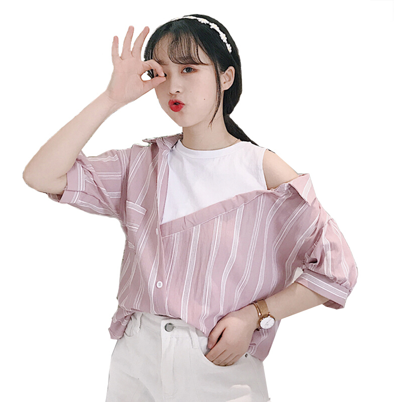 夏装女装韩版宽松显瘦灯笼袖露肩假两件条纹衬衫学生短袖衬衣上衣蓝色均码