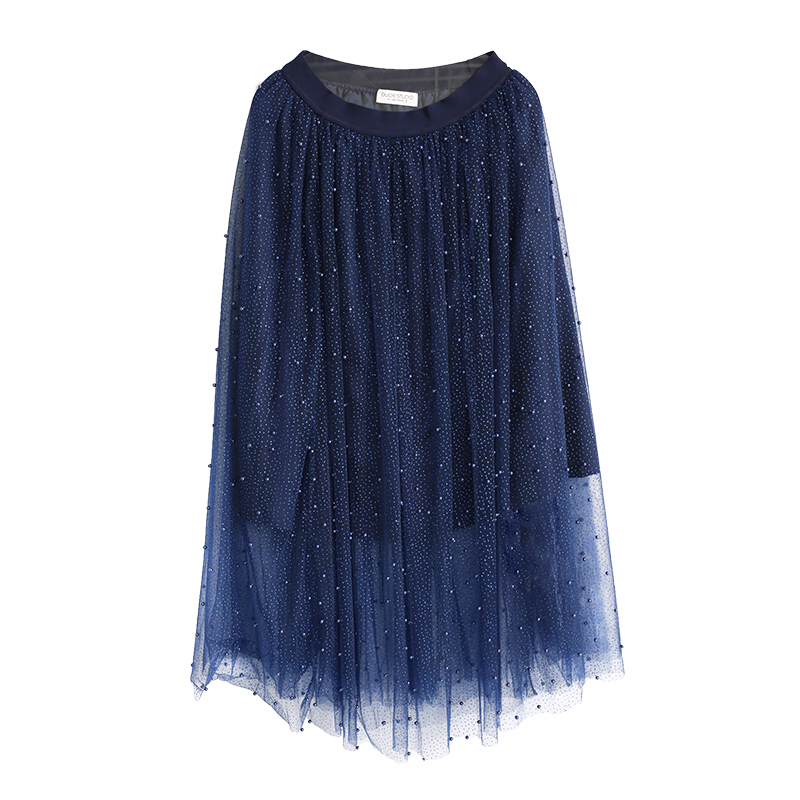 2018春季新款重工手工钉珠深蓝色网纱仙女中长款玻璃纱半身裙深蓝色