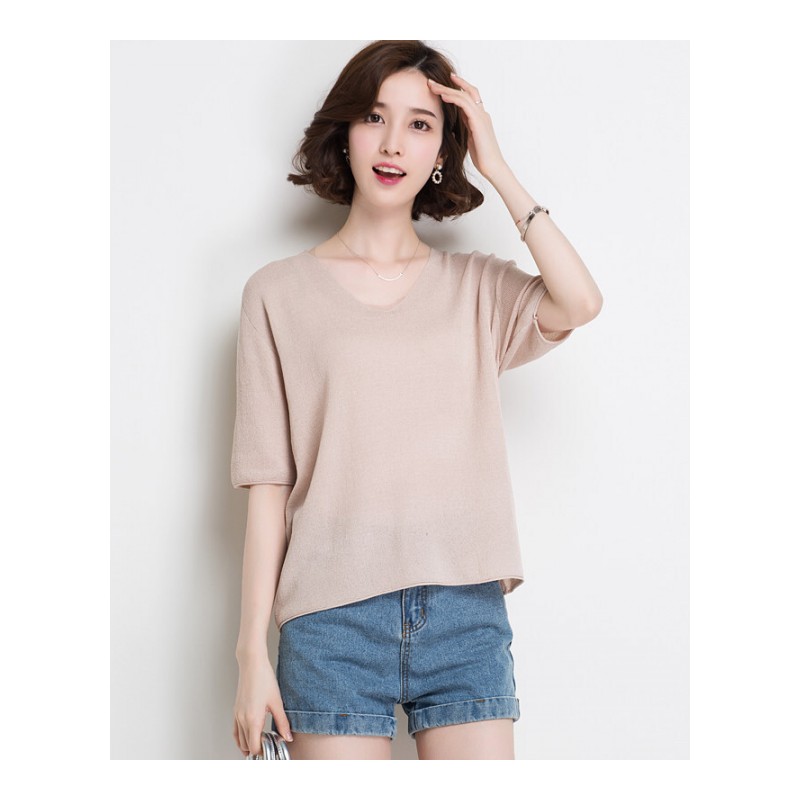 女夏季2018新款薄款冰丝T恤女短袖宽松鸡心V领上衣大码针织衫女