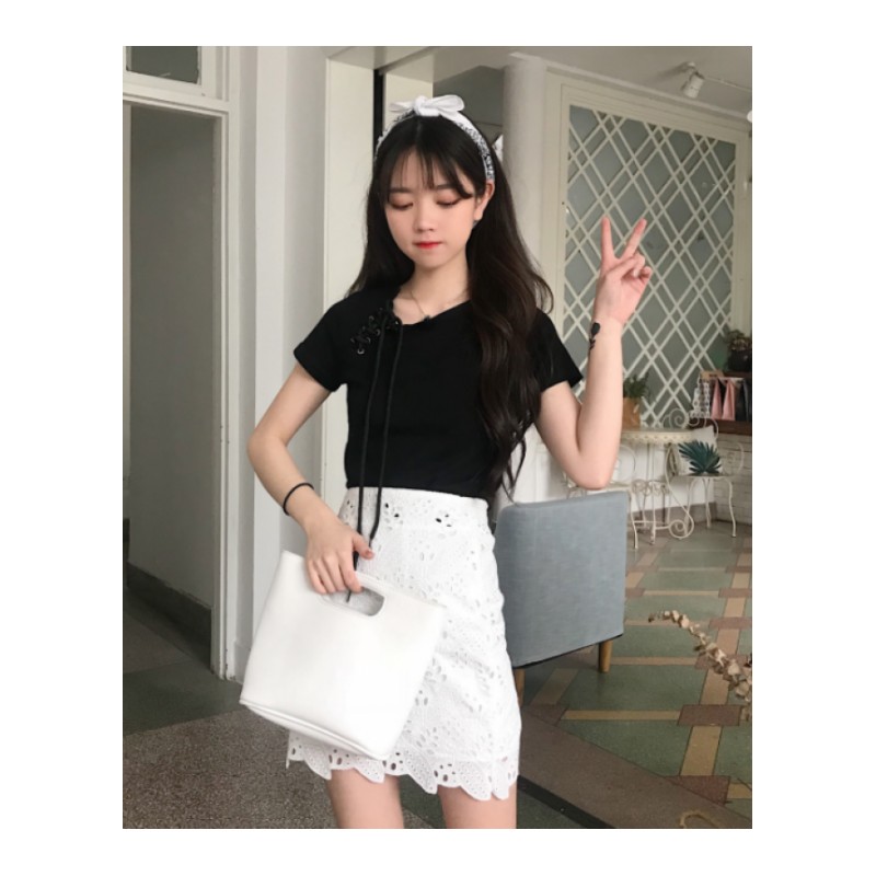 春夏女装韩版百搭甜美修身显瘦绑带短袖T恤学生打底衫体恤上衣潮黄色均码